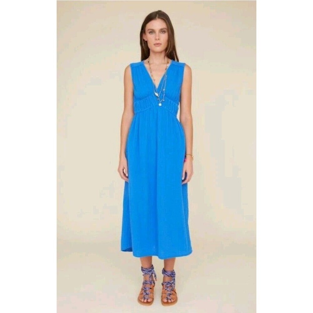 Xirena Arwen Cotton Sleeveless V-neck Cotton Gauze Empire Midi Dress Blue Sz S